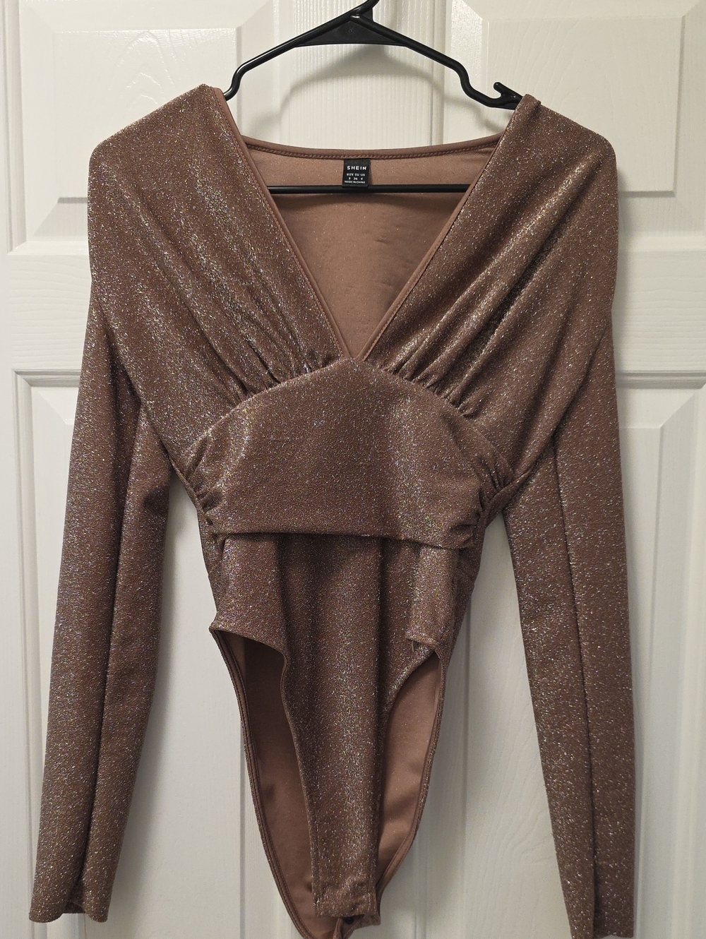 SHEIN Shimmery Bronze V-Neck Long-Sleeve Bodysuit